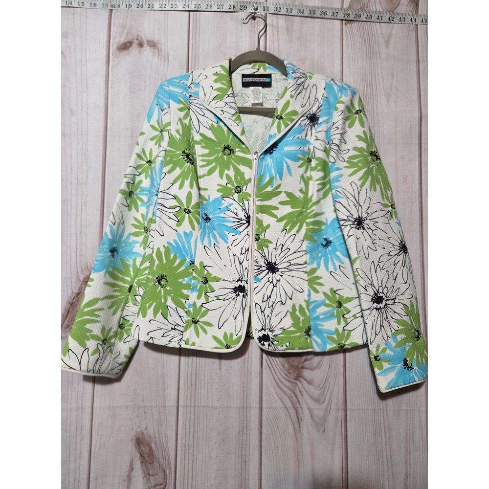 Requirements Womens Floral Zip Front‎ Jacket Green Blue Daisy Print Size 10